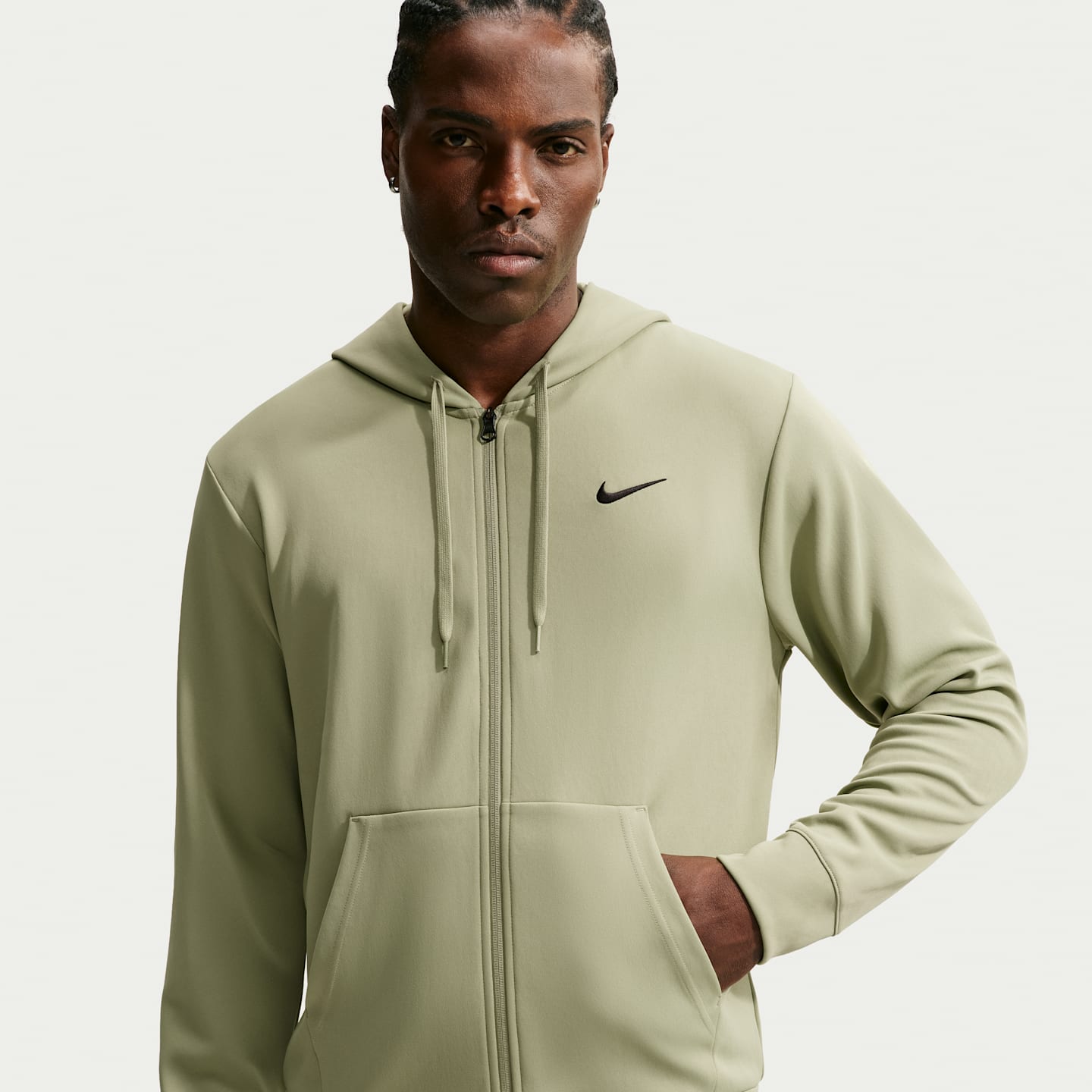 Мужское флисовое худи на молнии Nike Flex Dri-FIT с УФ-защитой, цвет: Пыльный оливковый / Чёрный — фото 1