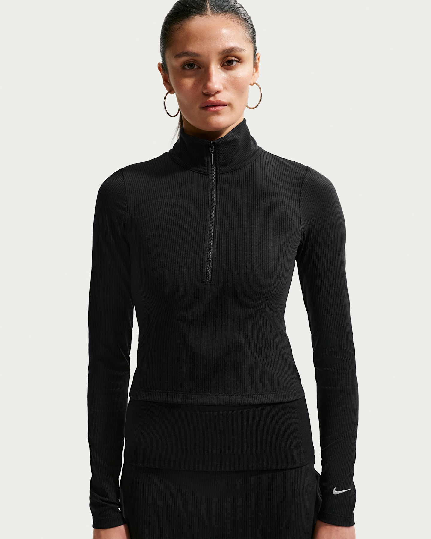 Женский облегающий топ в рубчик Nike Sportswear Chill Knit на молнии 1/4, большие размеры, цвет: Чёрный / Молочный — фото 7