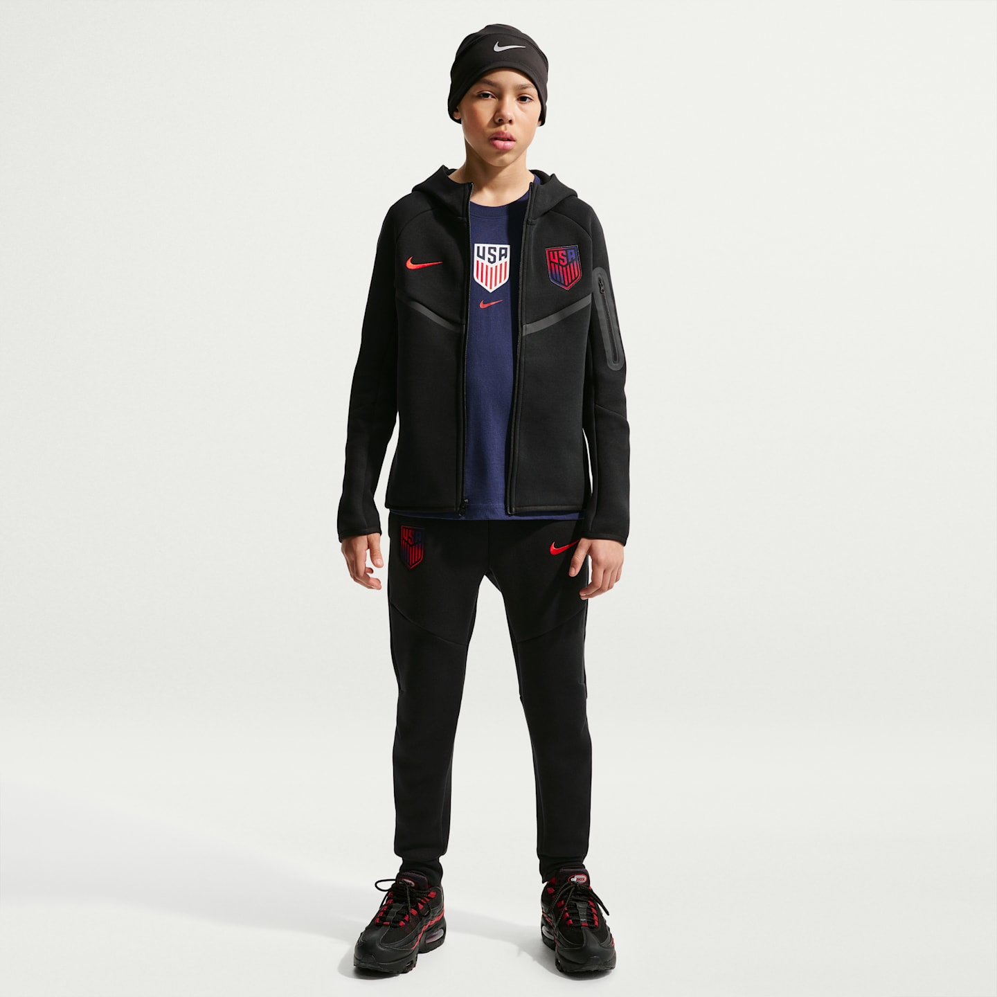 Детская футбольная худи на молнии Nike Usmnt Tech Fleece, цвет: Чёрный / Красный — фото 4