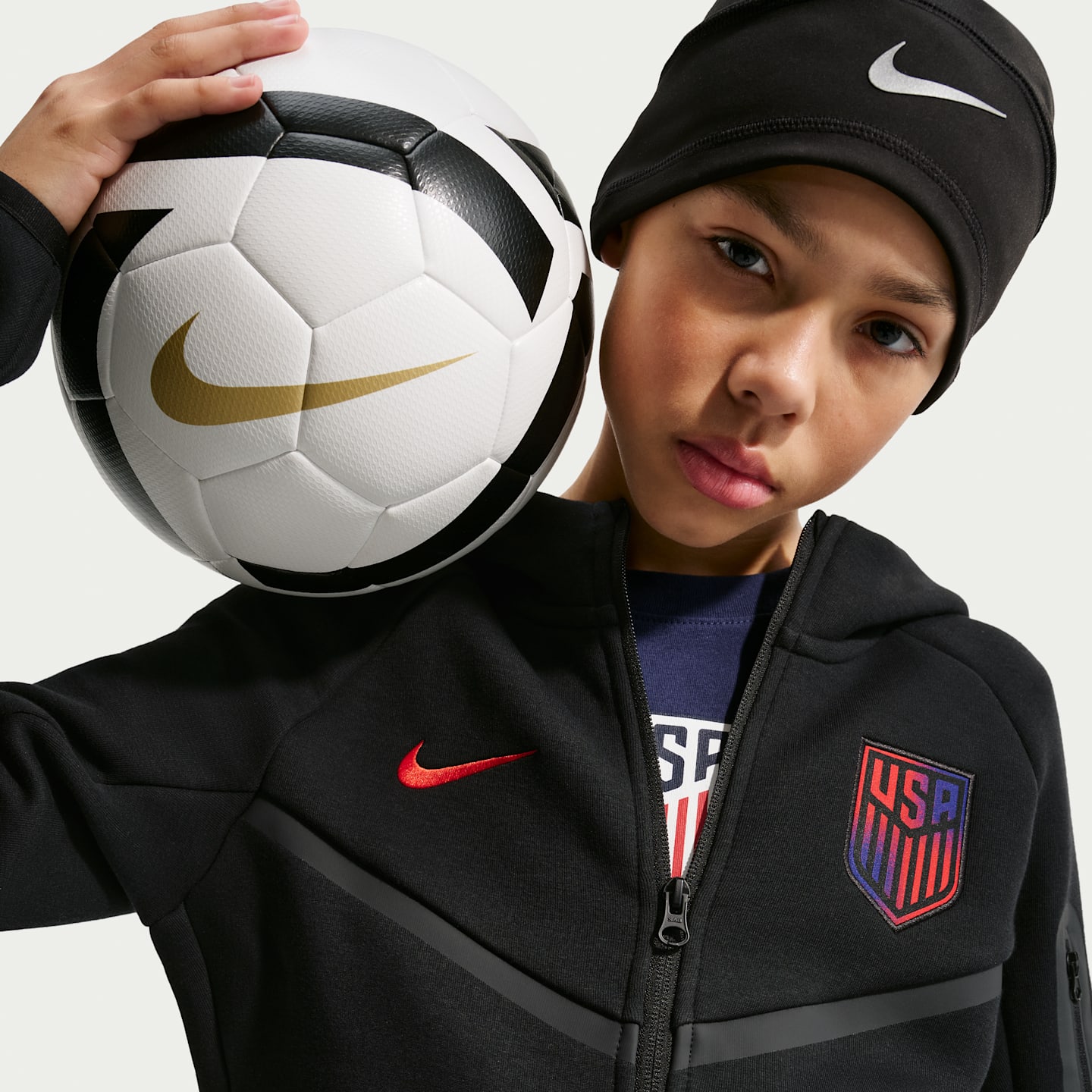 Детская футбольная худи на молнии Nike Usmnt Tech Fleece, цвет: Чёрный / Красный — фото 3