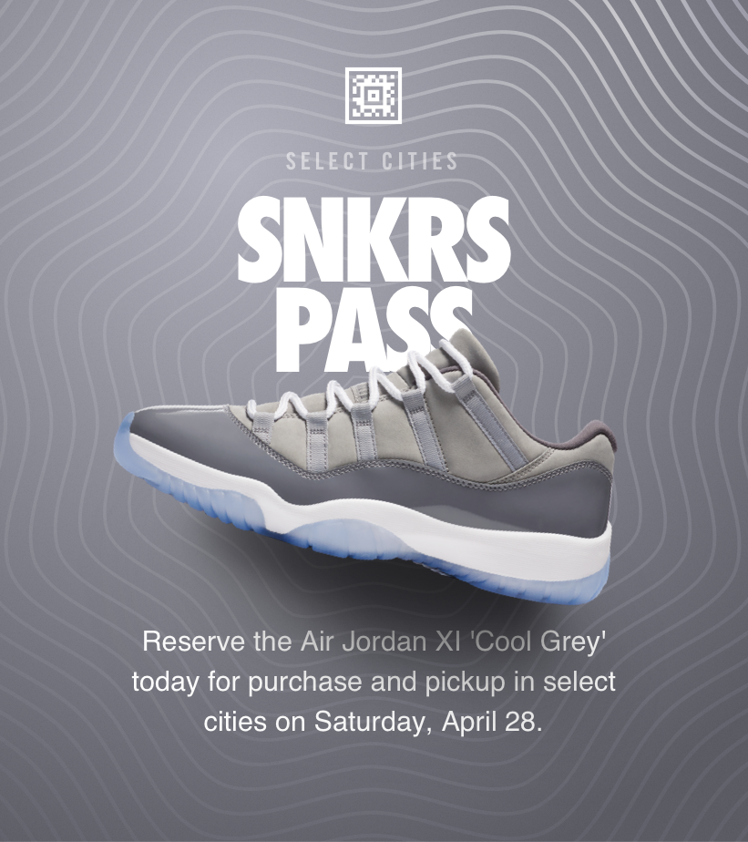 Air Jordan 11 Low 'Cool Grey' SNKRS Pass Select Cities