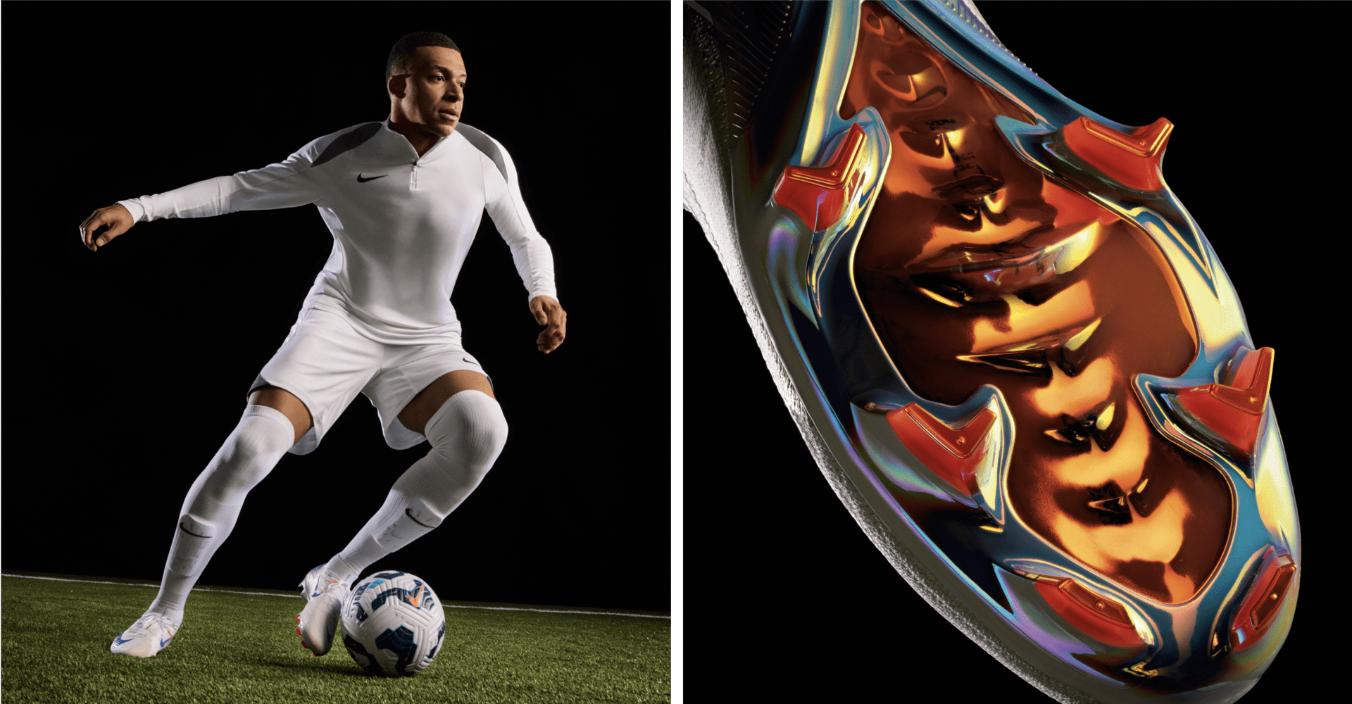 Kylian Mbappé 穿著 Nike 足球服飾與 Nike Mercurial Superfly 鞋款,在足球場上踢球。鞋款資訊:Nike Air Zoom 技術,白藍橘 Nike Blueprint 配色。單隻 Nike Mercurial Superfly 足球鞋,採用 Nike Air Zoom 技術,白藍橘 Nike Blueprint 配色。