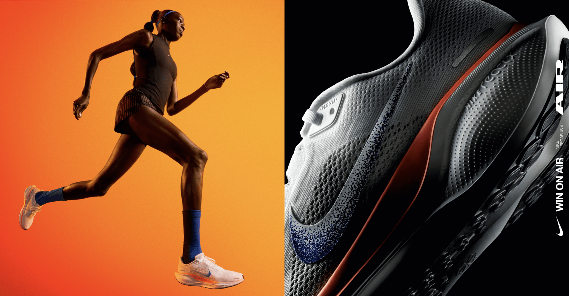 < ホワイト、ブルー、オレンジのNike Blueprintカラーで彩られたナイキ ペガサス 41 ランニングシューズを履くアシング・ムー。 Nike Air ZoomとReactXフォームテクノロジーをクローズアップした写真。>
