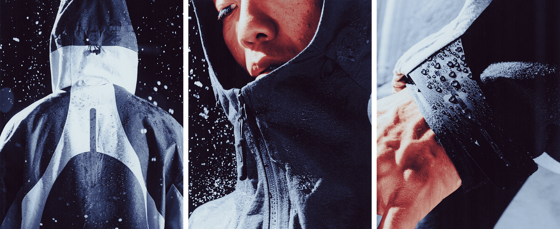Tre närbilder av en man som står i regnet och bär en marinblå och vit vattentät Nike Tech SF3-jacka med huva