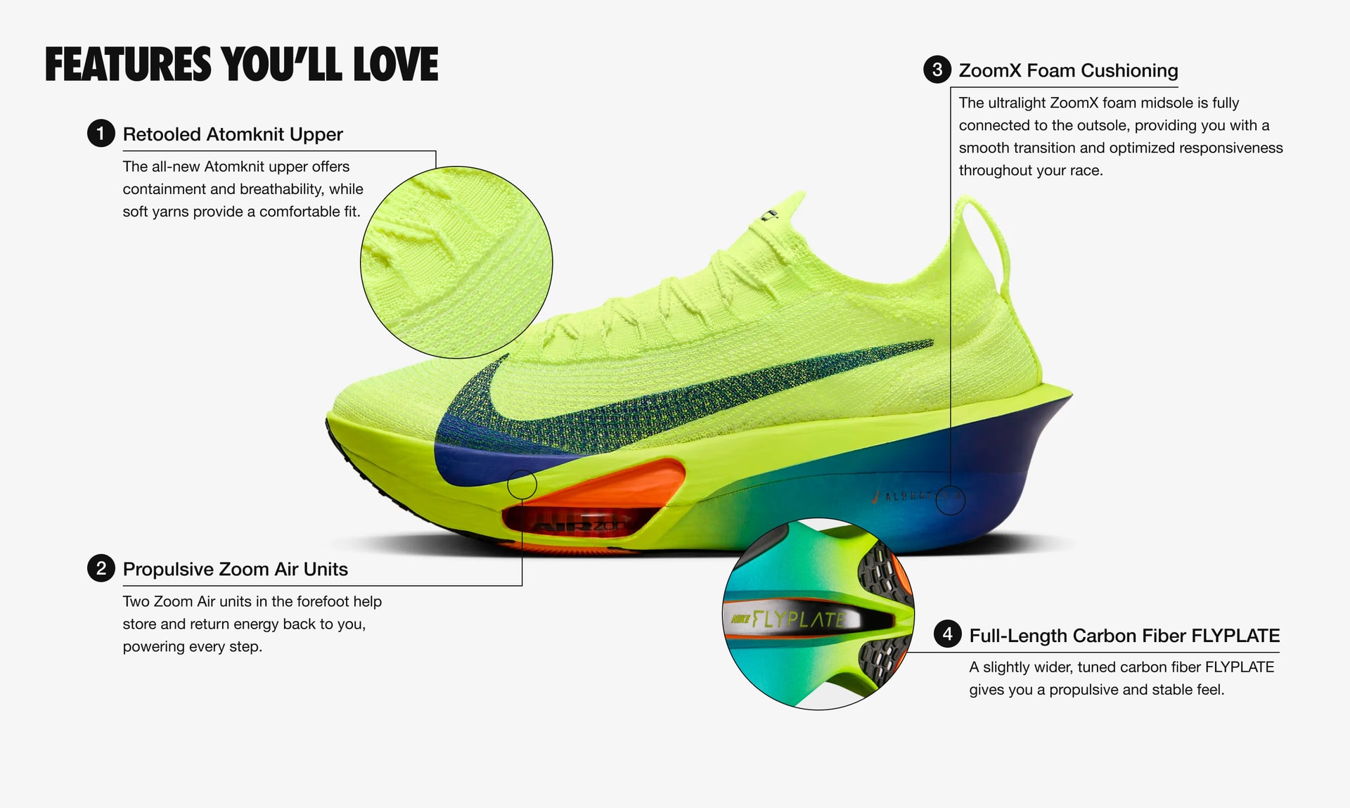 "Features You’ll Love: 4 features. 1. The all-new Atom knit upper offers containment and breathability, while soft yarns provide a comfortable fit. 2. Two Zoom Air units in the forefoot help store and return energy back to you, powering every step. 3. The ultralight Zoom X foam midsole is fully connected to the outsole, providing you with a smooth transition and optimized responsiveness throughout your race. 4. A slightly wider, tuned carbon fiber FLY PLATE gives you a propulsive and stable feel."