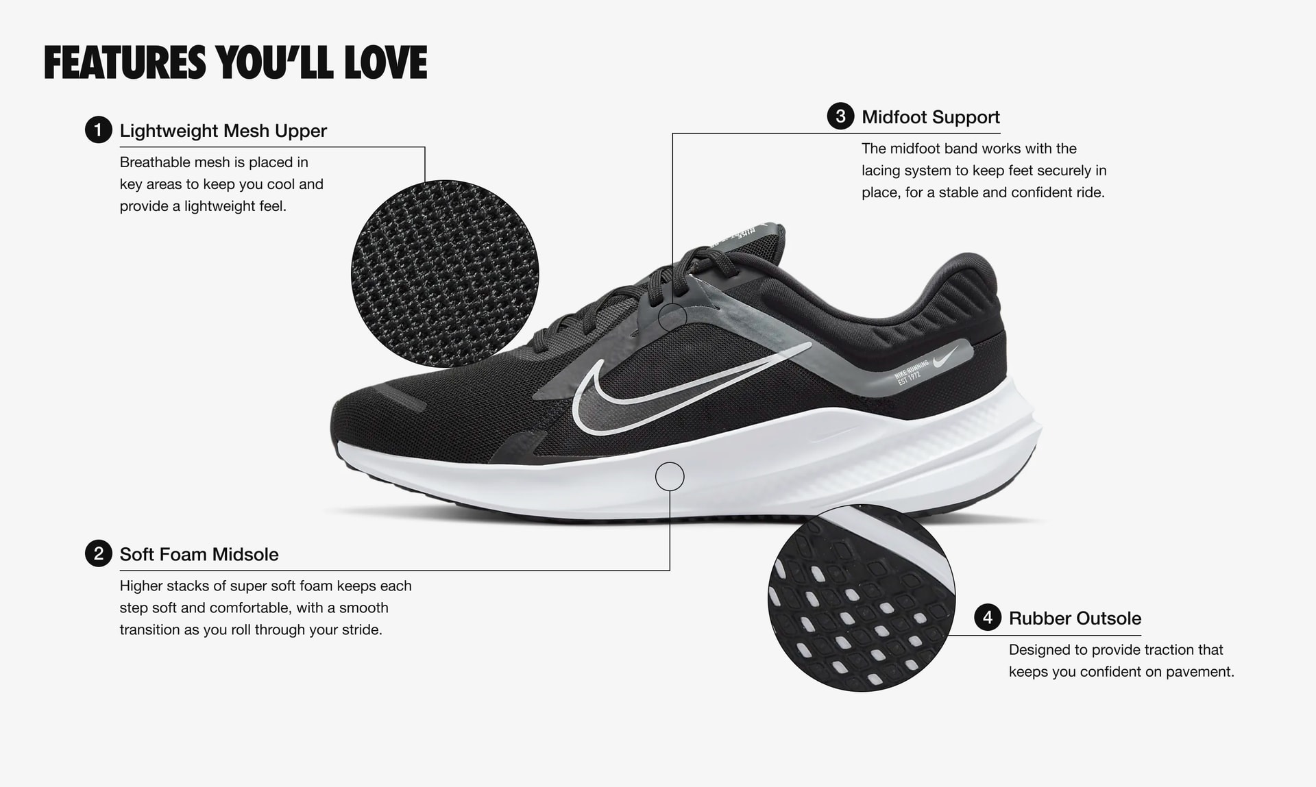 Features You’ll Love: 4 features. 1. Light weight, breathe-able mesh is placed in key areas to keep you cool and provide a lightweight feel. 2. Higher stacks of super soft foam keeps each step soft and comfortable, with a smooth transition as you roll through your stride. 3. The midfoot band works with the lacing system to keep feet securely in place, for a stable and confident ride. 4. The rubber out sole is designed to provide traction that keeps you confident on pavement.
