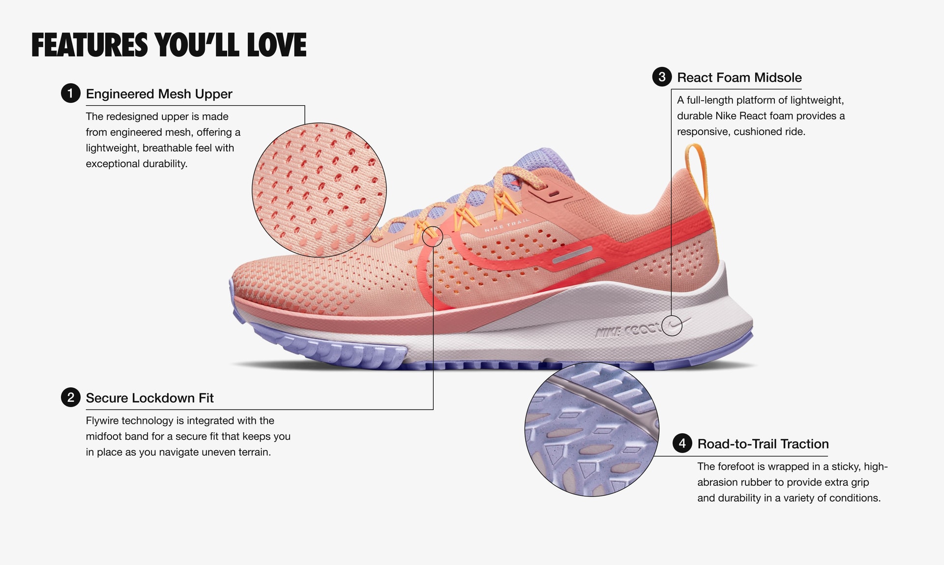 Features You’ll Love: 4 features. 1. The redesigned upper is made from engineered mesh, offering a light weight, breathe-able feel with exceptional durability. 2. Fly wire technology is integrated with the mid foot band for a secure lock down fit that keeps you in place as you navigate uneven terrain. 3. A full-length platform of light weight, durable Nike React foam provides a responsive, cushioned ride. 4. The fore foot is wrapped in a sticky, high-abrasion rubber to provide extra grip and durability in a variety of conditions, for road-to-trail traction.
