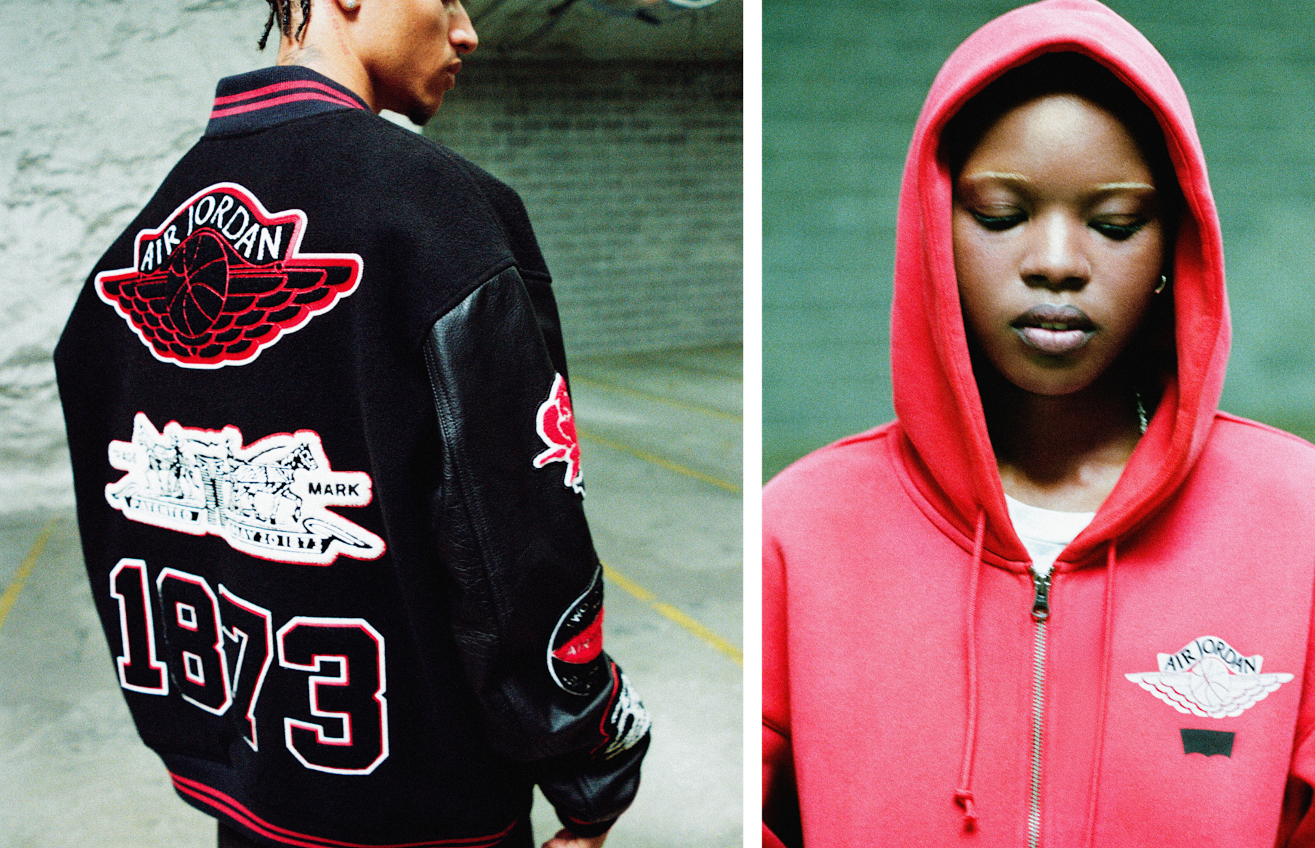 Close-up portrait of a female model wearing a red zip-up.