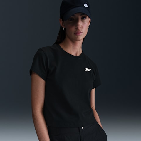 Женская укороченная футболка Nike Sportswear Club с принтом и коротким рукавом, цвет: Чёрный