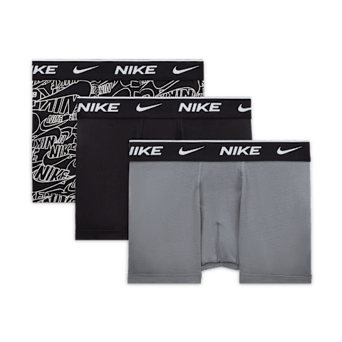 Детские хлопковые боксёры Nike Dri-FIT Everyday с принтом, 3 шт, цвет: Серый меланжевый / Чёрный