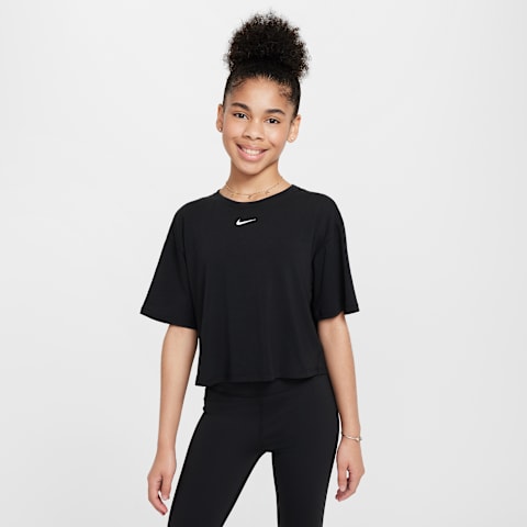 Детский топ для девочек Nike One Relaxed Dri-FIT с коротким рукавом, цвет: Чёрный / Белый