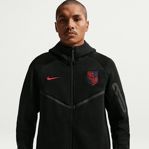 Мужская футбольная худи на молнии Nike Usmnt Tech Fleece Windrunner, цвет: Чёрный / Красный