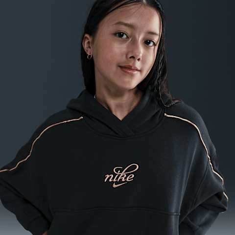 Детское флисовое худи для девочек Nike Sportswear Club Boxy, цвет: Чёрный / Металлик золотой