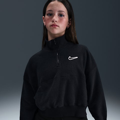 Детский флисовый топ для девочек Nike Sportswear с длинным рукавом, цвет: Чёрный / Белый