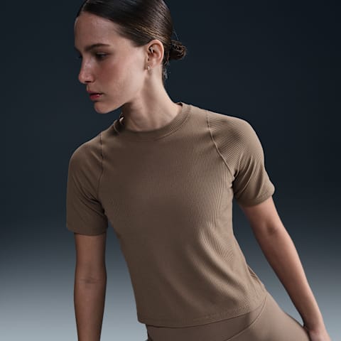 Женская футболка Nike Zenvy Rib Dri-FIT с коротким рукавом, цвет: Норковый коричневый / Белый