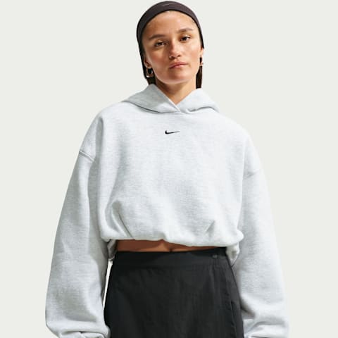 Женское укороченное худи Nike Studio Fleece Medium Weight оверсайз, цвет: Берёзовый меланжевый / Чёрный
