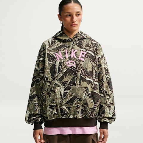 Женское худи Nike Studio Fleece Medium Weight Oversized Pullover, цвет: Камуфляжный зелёный / Розовый