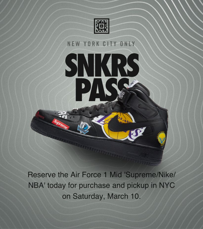 Nike Air Force 1 Mid 'Supreme' SNKRS Pass NYC. Nike SNKRS