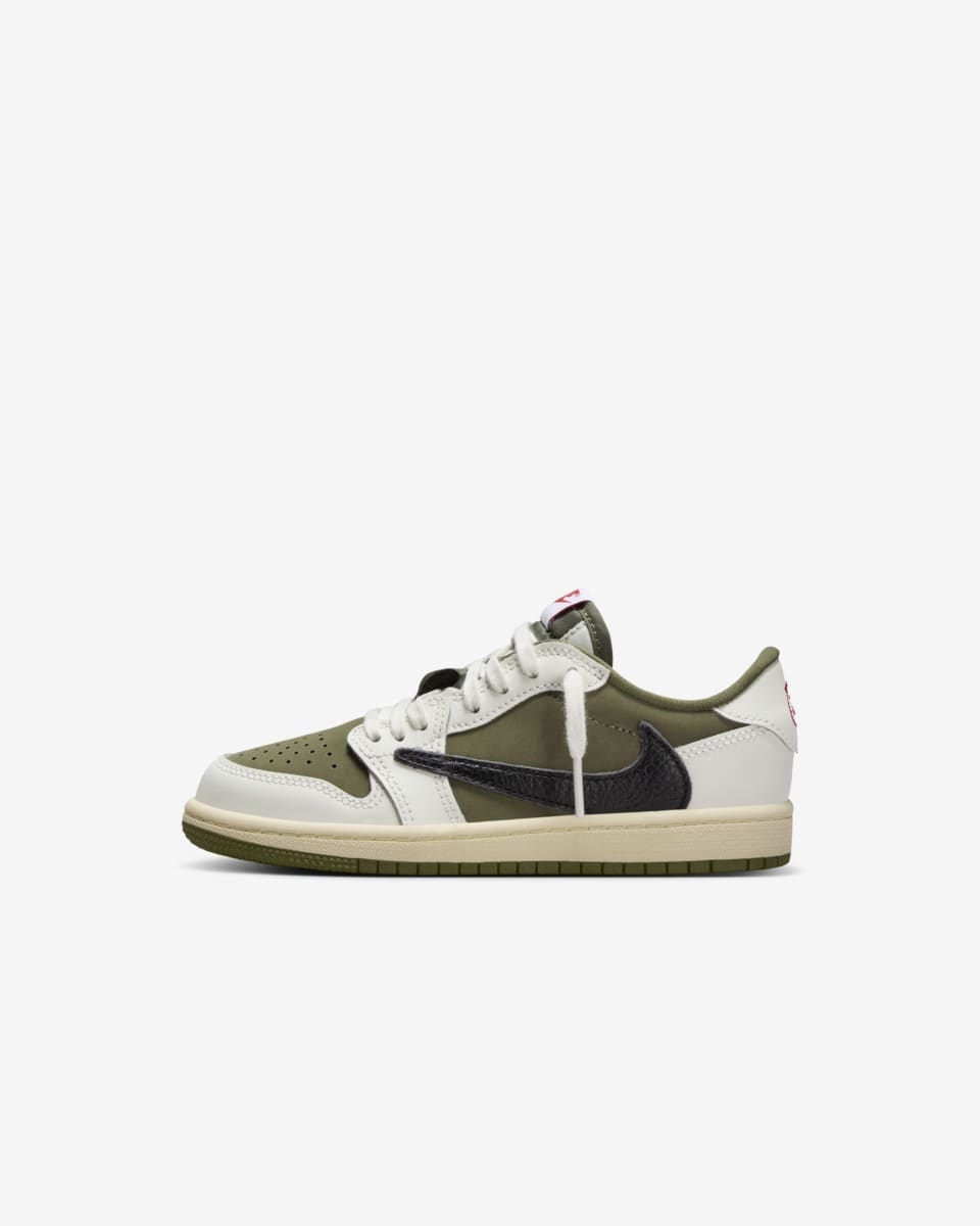 Lanceringsdato for Jordan 1 Low x Travis Scott "Reverse Olive" til mindre børn (DO5442-200)